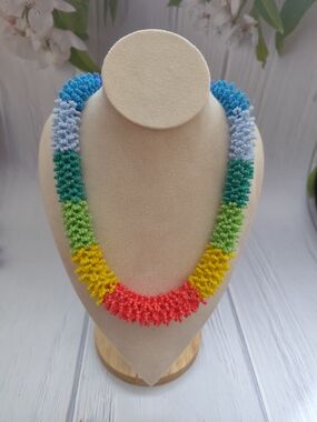 Vibrant Multicolor Seed-Bead Necklace – Coral, Yellow, Green & Blue